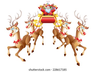 Santa Claus riding sleigh full of toys with four reindeer isolated