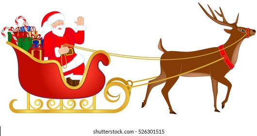 Santa Claus riding a sleigh, full of gifts, pulled by reindeer, vector illustration