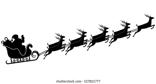 Santa Claus riding a sleigh, full of gifts, pulled by nine reindeer, silhouette, vector illustration