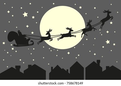 Santa Claus riding in a sleigh with harness on the reindeer on the urban city backgorund. Roofs and sky with moon background. Vector illustration