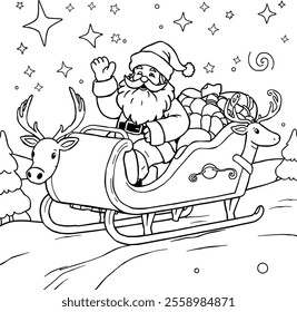 Santa Claus Riding a Sleigh on The Snow. Coloring Page. Good for Creativity.