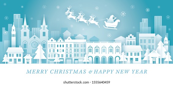 Santa Claus Riding Sleigh over City Background, Paper Cutting, Origami Style, Merry Christmas and Happy New Year