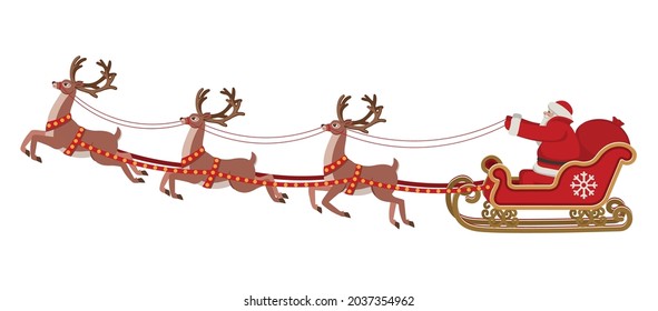 Santa Claus riding in a sleigh pulled by reindeer.  Christmas vector illustration.