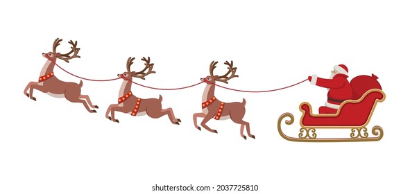 Santa Claus riding in a sleigh pulled by reindeer.  Christmas vector illustration.