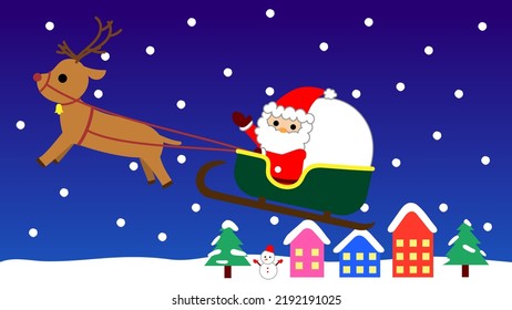 Santa Claus riding a sleigh pulled by reindeer and a snowy night town