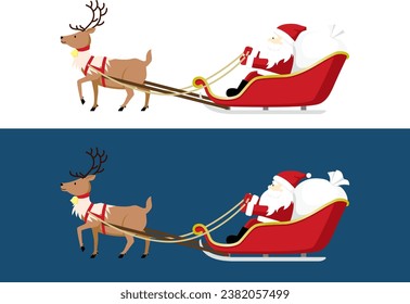 Santa Claus riding a sleigh pulled by walking reindeer. Christmas illustration material.