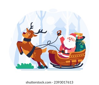 Santa Claus Riding a Sleigh Pulled by a Reindeer, Carrying a Sack Full of Gifts. Merry Christmas Concept Illustration