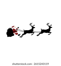 Santa Claus Riding In Sleigh Pulled By Reindeer Silhouette On White Background