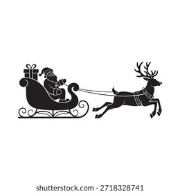 Santa claus riding a sleigh pulled by a reindeer in silhouette