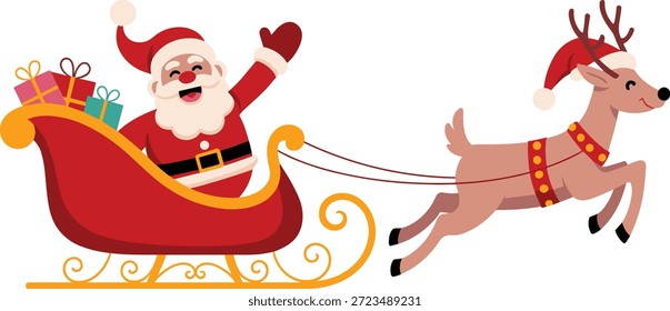 Santa Claus montando en trineo tirado por renos con Navidades de regalos.