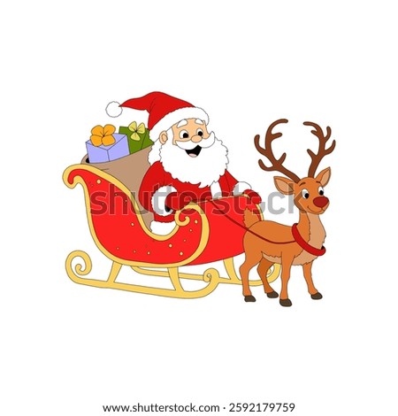 Santa claus riding sleigh pulled by reindeer delivering christmas gifts