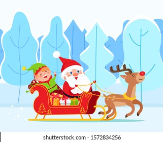 Santa Claus riding sleigh with reindeer. Elf sit in sled with gift boxes. Christmas time in december, traditional holiday characters. Landscape of Lapland with snowy trees. Vector illustration in flat
