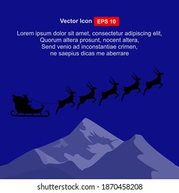 Santa Claus riding a sleigh reindeer on a blue background and icebergs.