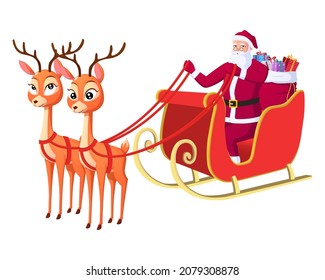 Santa Claus Riding Sleigh With Reindeer and Gift Bag Isolated Vector Illustration