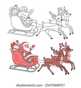 Santa Claus is riding a sleigh with reindeer. Christmas character