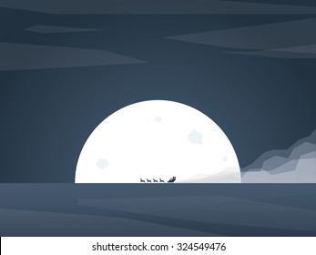 Santa claus riding sleigh with reindeer in front of full moon. Traditional Christmas cartoon. Eps10 vector illustration.