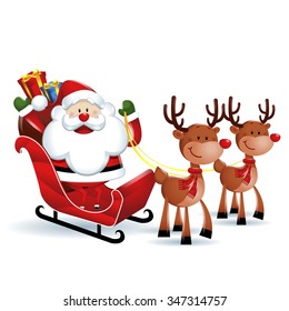 Santa Claus riding a sleigh with reindeer in white background             