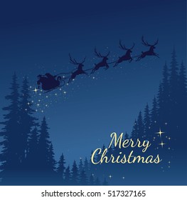 Santa Claus riding in a sleigh with reindeer 
