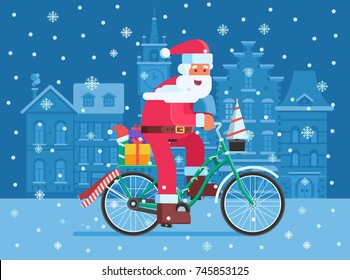 Santa Claus Riding Snow Bicycle With Gifts On Xmas Europe City Background. Christmas Bike With Father Frost Delivering Presents Concept Illustration. Winter Holidays Banner Template.