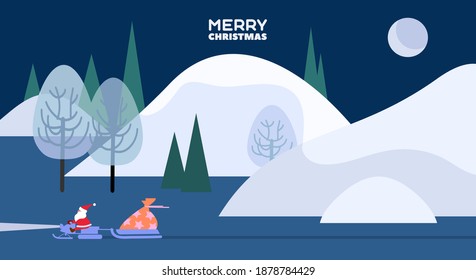 Santa Claus riding a snowmobile with gifts on christmas night landscape background. Cartoon illustration for greeting cards, banners, posters.