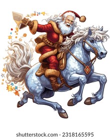 Santa Claus riding a unicorn on white background 