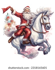 Santa Claus montando un unicornio sobre fondo blanco 