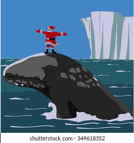 Santa Claus is riding riding a whale at the South pole in the ice, vector