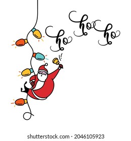 Santa Claus ringing the bell in a cable lights Christmas. Hand drawn lettering calligraphy for greetings card with text ho, ho, ho. Winter holidays. 
