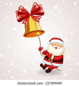 Santa Claus ringing the bell. Christmas vector illustration. Holiday background