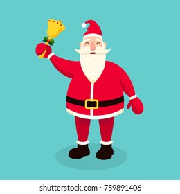 Santa Claus ringing bell decorated with holly leaves and berries. Smiling funny cartoon character isolated on blue background. Christmas festive vector illustration.