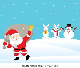 Santa Claus Ringing Bell And Delivery Gifts To Twin Rabbits Standing Beside The Snowman