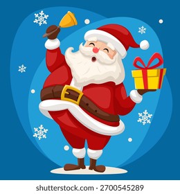 Santa Claus tocando una campana y sosteniendo un regalo sobre un fondo azul. carácter de Navidades