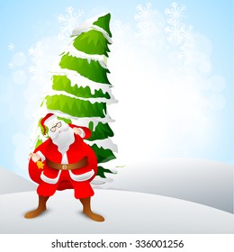 Santa Claus ringing bell and holding heavy gift sack on snow covered Xmas Tree decorated background for Merry Christmas celebration.