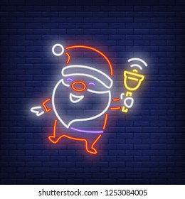 Santa Claus ringing bell neon sign. Christmas design. Night bright neon sign, colorful billboard, light banner. Vector illustration in neon style.