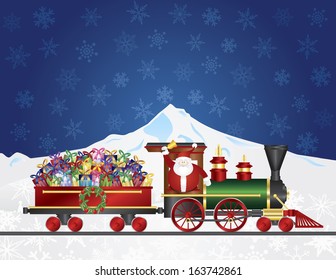 Santa Claus Ringing Bell on Train Delivering Wrapped Presents Traveling Over Winter Snow Scene at Night Background Vector Illustration