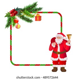 Santa Claus ringing the Christmas bell. Happy New Year and Merry Christmas frame.