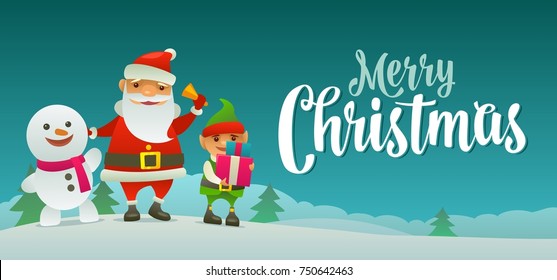 Santa claus rings the bell, the snowman waves his hand, the elf holds a gift. Merry Christmas calligraphy lettering. Flat color vector illustration. Forest landscape with hills with fir tree.