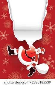 

Santa Claus ripping red Christmas Paper Background. 
Cartoon of Santa unwrapping Christmas gift paper with snowflakes. Place for your text or image. Vector available.