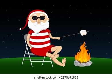 Santa Claus roasting marshmallows on fire. Vector illustration.