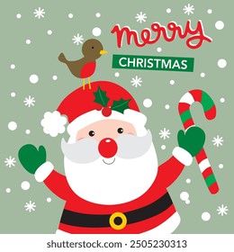 Santa Claus with Robin Bird and Candy cane For Christmas Card or Bag design