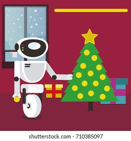 Santa Claus Robot decorating Christmas tree at home. Personal household robot futuristic concept illustration vector.
