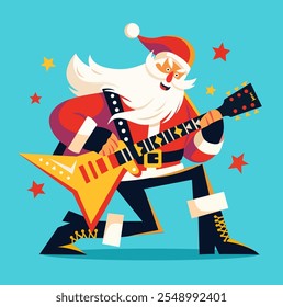 Santa Claus rock star with an electric guitar. Cartoon character vector illustration for Christmas.