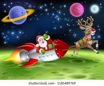 Santa Claus in a rocket sleigh pulled by reindeer Christmas cartoon with alien planet landscape background