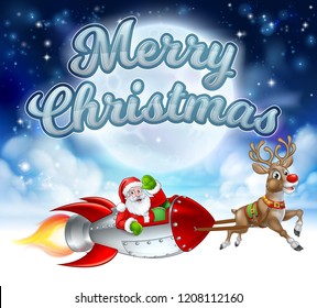 Santa Claus in a rocket sleigh pulled by reindeer cartoon with winter moon background and Merry Christmas message
