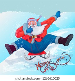 Santa Claus to roll on sledge from the mountain. modern, eps 10