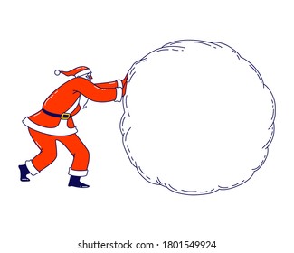 Santa Claus Rolling Huge Snowball Mockup with Copy Space for Text. Christmas Character in Red Festive Costume with Empty Mock Up for Advertising or Congratulation. Linear People Vector Illustration
