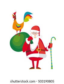 Santa Claus and rooster on white background. Christmas card. Vector illustration.