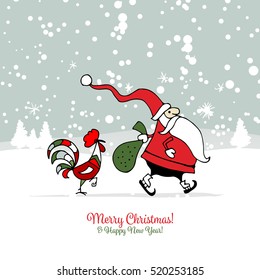 Santa Claus with Rooster, symbol of 2017. Christmas card. Vector illustration