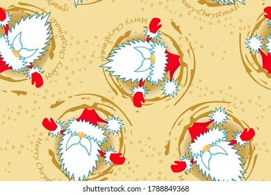 Santa Claus in a round frame with text. Seamless pattern. Merry Christmas and Happy New Year. Background, card, wrapping paper, wallpaper, wall, card. Hand drawn vector