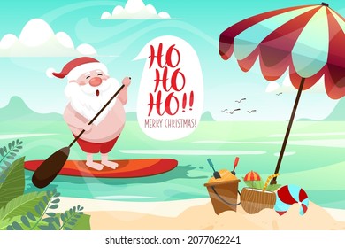 Santa Claus rowing on surf board against tropical ocean background. warm climate holiday vacation theme. Banner vector illustration summer, vacation, scene for posters, greeting cards.